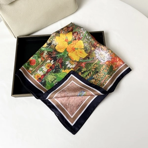Detail of artistic sunflower oil painting pattern on a silk satin square scarf