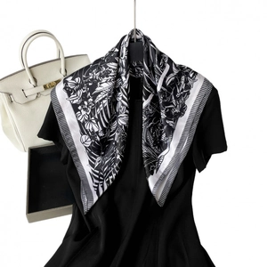 French style silk scarf with forest print and palm leaves for elegant women accessory