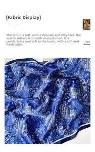 Detailed macro view of blue satin silk scarf fabric with elegant paisley patterns