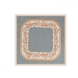 Elegant houndstooth silk square scarf with gold baroque scrolls and white border