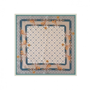Elegant four-leaf clover print square silk scarf with golden chain patterns and fringe