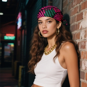 Pink and green zebra print satin silk square scarf styled as a fashionable headband