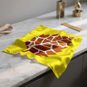 Fashionable square silk scarf with yellow giraffe print and brown leaf design