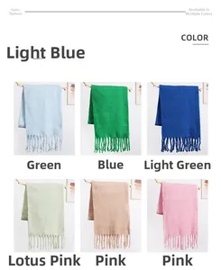 Detailed view of six color options for the fluffy mohair scarf with long fringe tassels