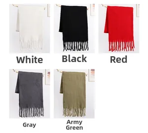 Collage of long fringe scarves in white, black, red, gray, and army green colors