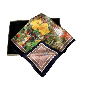 Square silk scarf with yellow floral oil painting print and dark blue border