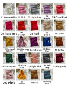 Detailed grid showing 24 colors of soft cashmere-feel scarves with fringe details