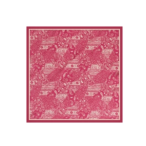 Close-up of square scarf with dark red paisley pattern and satin silk finish details