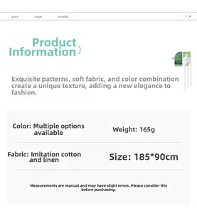 Detail specifications of soft linen-like scarf with 185x90cm size and 165g weight