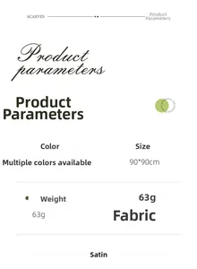Detailed technical specifications for 90x90cm satin silk scarf showing weight and fabric