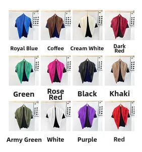 Matrix view of pleated silk scarves in twelve solid colors displayed on hangers