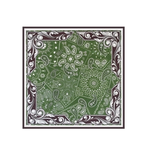 Detailed pattern of olive green paisley silk scarf with white mandala and filigree design