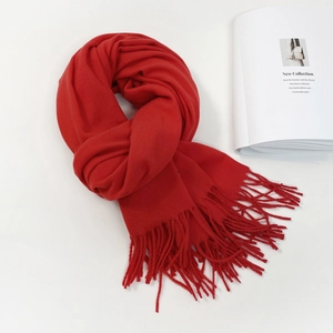 Detailed texture of thick red knit scarf featuring soft fringe tassels on white background