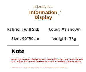 Detailed product specifications for 90x90cm twill silk scarf including weight and fabric
