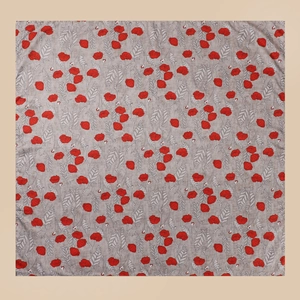 Flat lay detail of vintage red poppy floral print on 90cm square silk headscarf