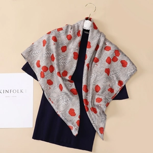 Elegant 90cm square silk scarf with red poppy floral patterns on a gray base fabric