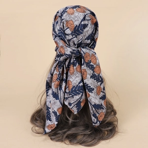 90cm vintage floral silk headscarf with orange poppies and blue leaves on grey stone texture