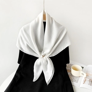 Elegant white pleated square scarf with a minimalist golden ring buckle accessory