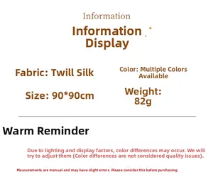 Detailed specs for the 90x90cm twill silk scarf showing material and dimensions