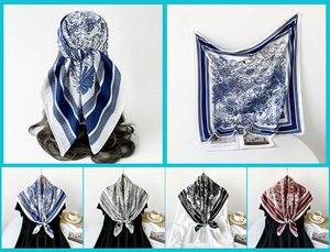 Detail of 90cm square silk scarf with vintage landscape print in multiple colors
