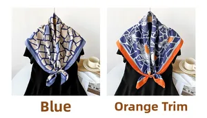 Detail showing blue and orange geometric silk scarves styled as triangles on models