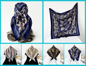 Detailed view of baroque style silk scarves with Greek key patterns in multiple colors