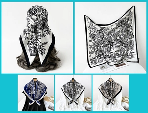 Detailed close-up of vintage Toile de Jouy silk-like scarves with hand-drawn forest motifs