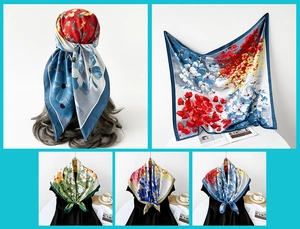 Collage of 90cm silk scarves showing diverse vintage floral patterns and styling options