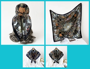 Macro detail of luxury floral print square scarf with silk-like glossy finish and patterns