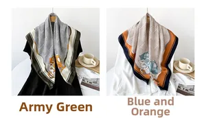 Detail view of army green and blue orange houndstooth scarves with floral patterns