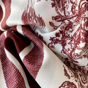 Detailed close-up of 90cm twill silk scarf showing classic Toile de Jouy pattern and texture