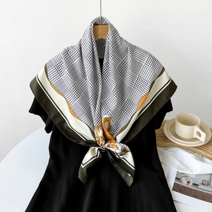 Elegant houndstooth silk square scarf with olive green and ochre yellow striped border