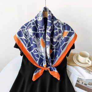 Classic blue and orange twill silk shawl with vintage harness pattern and silver buckle