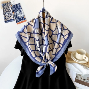 Women Large Satin Square Scarf French Vintage Twill Silk-Like Geometric Print Shawl Headscarf Retro Neck Wrap For Daily