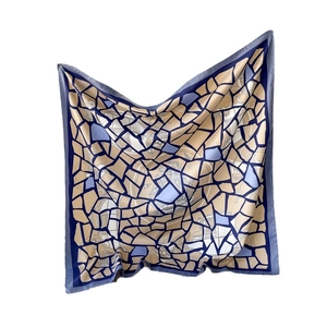 Elegant 90cm square silk shawl with geometric mosaic pattern in blue and beige