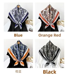 Detailed four-color grid showing blue and orange floral paisley silk scarves on models