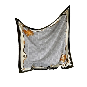 Elegant houndstooth square silk scarf with golden floral patterns and brown border