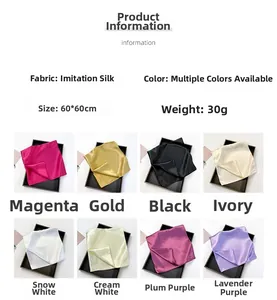 Detailed size and color chart for 60x60cm satin silk square scarves in 8 solid shades