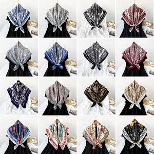 Collection of 90cm square silk scarves featuring elegant toile de jouy and baroque prints