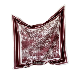 Elegantly draped 90cm square silk scarf with burgundy Toile de Jouy nature print