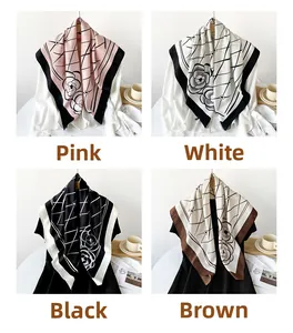 Elegant square silk scarves in four colors with floral patterns and grid designs