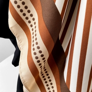 Elegant 90cm striped silk scarf in coffee and beige with smooth satin finish texture