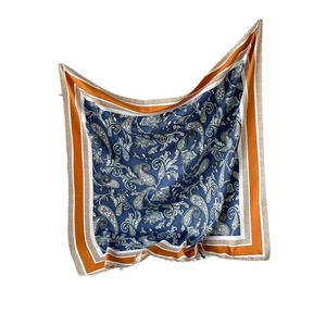 Retro paisley square silk scarf with navy blue center and orange border for women