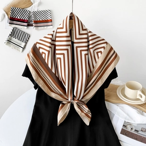 Women Elegant 90 Satin Square Scarf Geometric Stripe Polka Dot Silk Like Shawl Sun Protection Fashion Hair Wrap