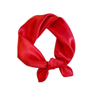 Elegant 60cm red satin silk neck scarf tied in a stylish bow knot on a white background