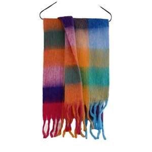 Soft checkered mohair scarf with colorful plaid patterns and long fringe tassels