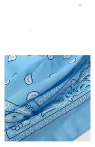 Detail shot of light blue paisley bandana fabric showing soft texture and ethnic patterns