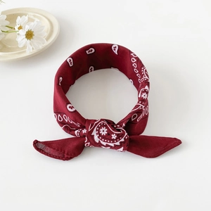 Close-up of burgundy cotton paisley bandana tied into a bow against white background