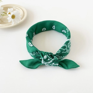 Detail of dark green paisley bandana tied in a knot showing fabric texture and floral pattern