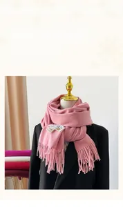 Gros plan sur l'écharpe rose effet cachemire avec franges et détail de logo métallique